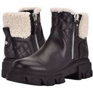 NineWest Black Women’s Vegan Leather Shearling Trim Zip Lug Sole Ankle Boots 8-5
